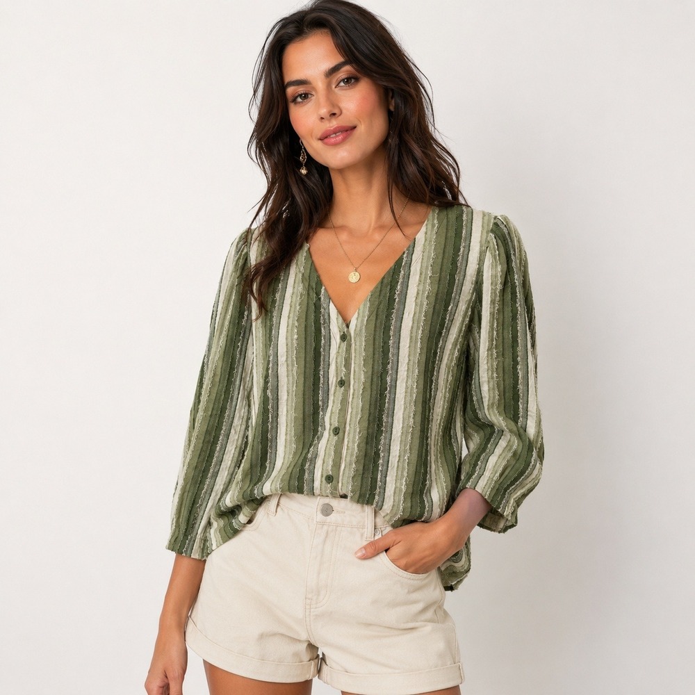 Pale Sky Millie Olive Green Striped Textured Button Front Knit Top Large NEW